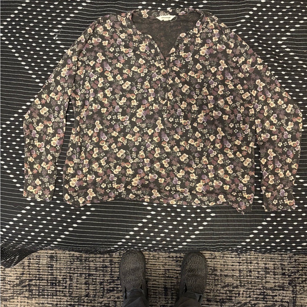 Lucky Brand Floral Top in Purple and Cream on Dark Gray